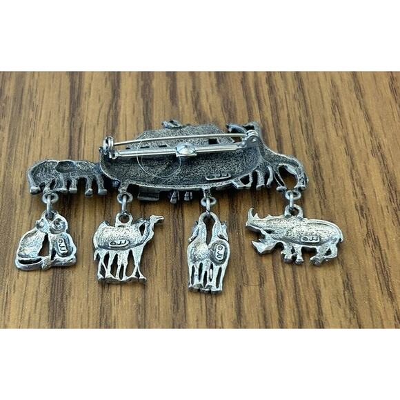 Noah’s Ark Pin Brooch Jonette JJ Signed Silver Pewter Dangling Animal Charms Vtg - Picture 2 of 7